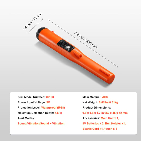 Metal Detector Pinpointer, 250x45x42 mm, Vandtæt, LCD-skærm