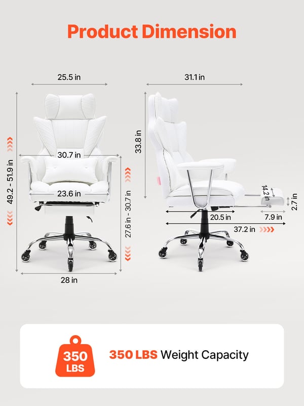 Kontorstol, Tilbagelænet Executive-stol med fodstøtte, 74x74x127 cm, Hvid, PU-læder