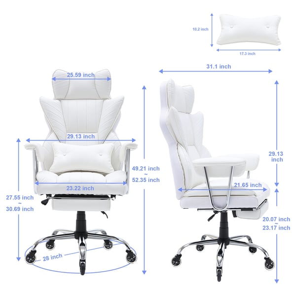Kontorstol, Tilbagelænet Executive-stol med fodstøtte, 74x74x127 cm, Hvid, PU-læder