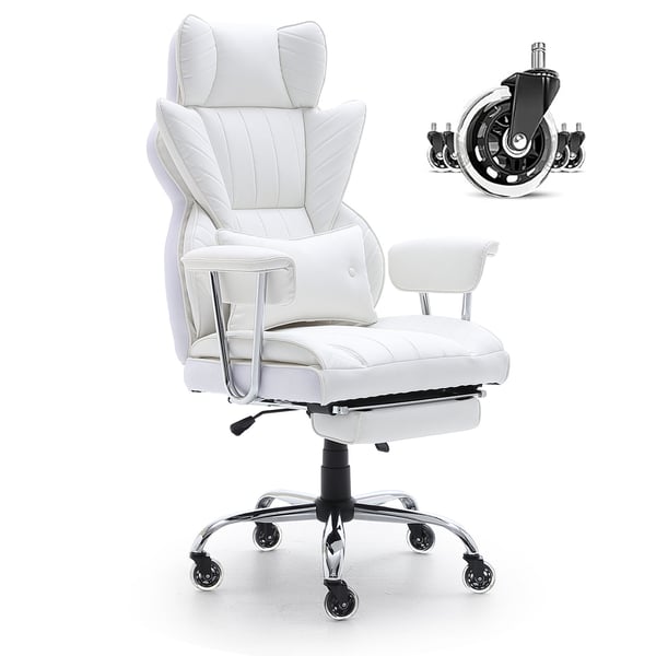 Kontorstol, Tilbagelænet Executive-stol med fodstøtte, 74x74x127 cm, Hvid, PU-læder