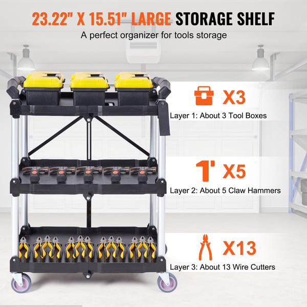 Rullebord, 3 hylder, sammenklappeligt plast rullebord, 65.1x39.2x83.2 cm, sort, opbevaring