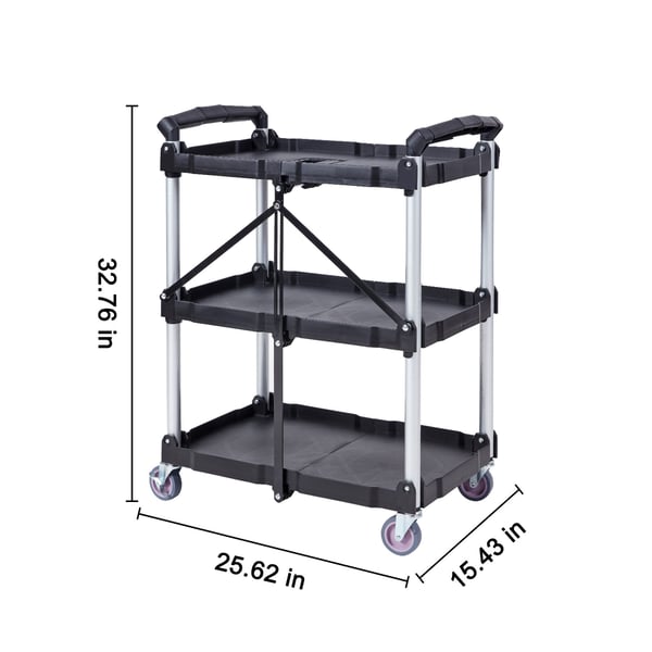 Rullebord, 3 hylder, sammenklappeligt plast rullebord, 65.1x39.2x83.2 cm, sort, opbevaring