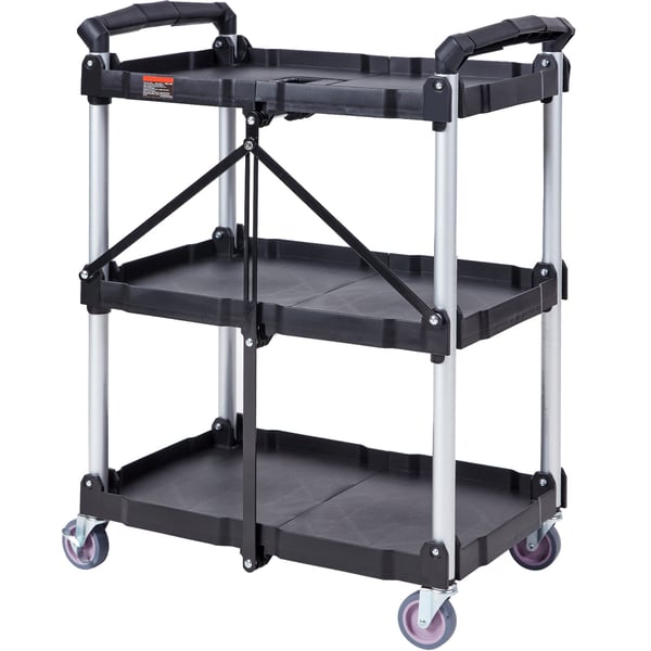 Rullebord, 3 hylder, sammenklappeligt plast rullebord, 65.1x39.2x83.2 cm, sort, opbevaring