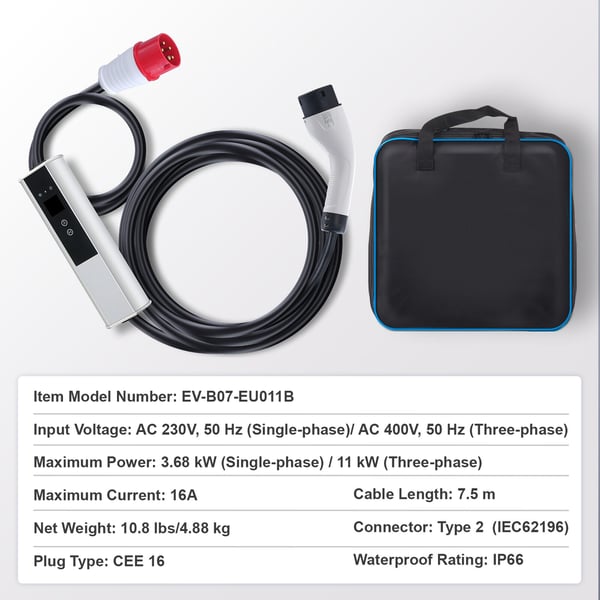 Sähköauton laturi, kannettava Type 2 16A 3,68 kW/11 kW 7,5 m, musta, latauskaapeli