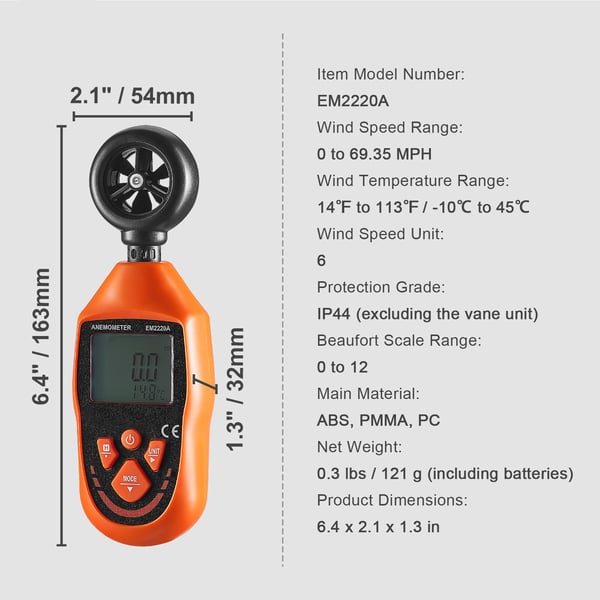 Anemometer, Digital vindmätare, 16.3x5.4x3.2 cm, handhållen