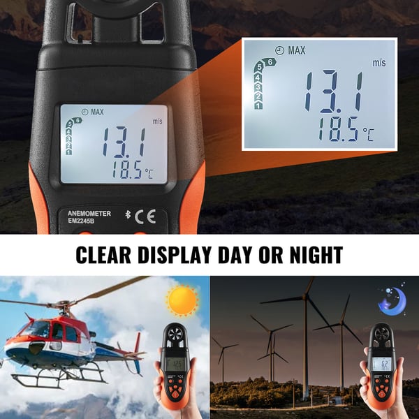 Anemometer, Bluetooth digital handhållen, 19.1x6.7x4.3 cm, svart, vindhastighetsmätare