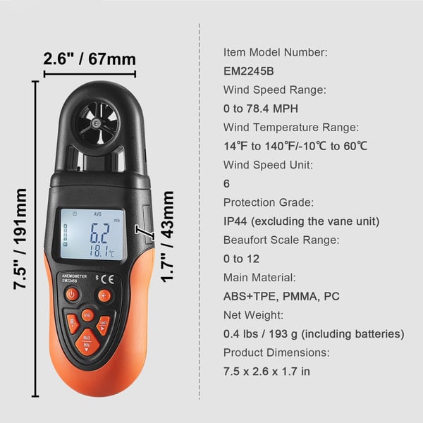 Anemometer, Bluetooth digital handhållen, 19.1x6.7x4.3 cm, svart, vindhastighetsmätare