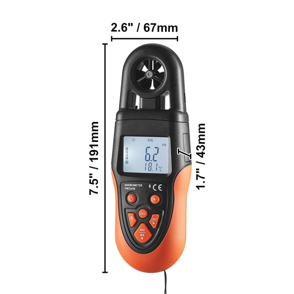 Anemometer, Bluetooth digital handhållen, 19.1x6.7x4.3 cm, svart, vindhastighetsmätare