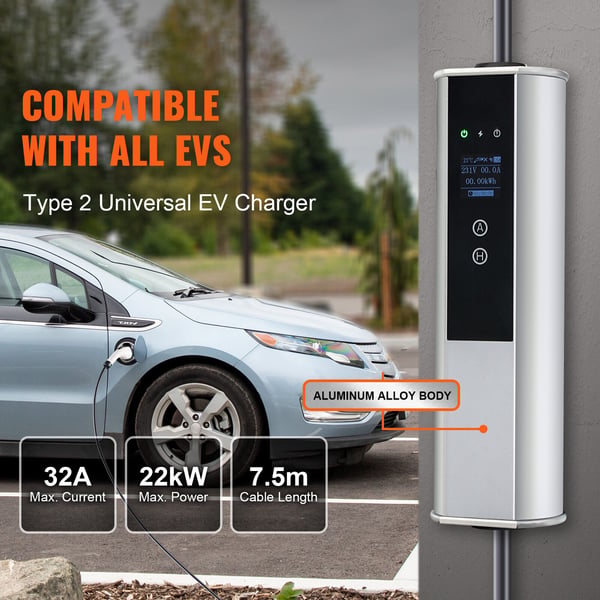Sähköauton laturi, Kannettava Type 2 32A 7,36 kW/22 kW, 750 cm, musta, latauskaapeli