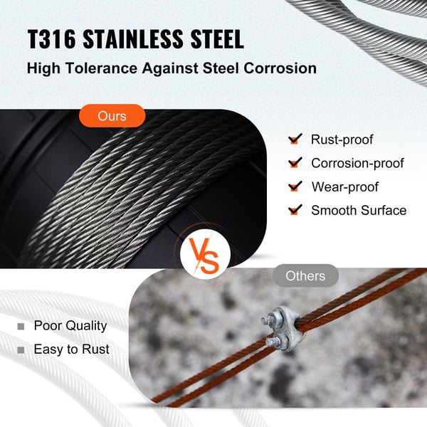 Rustfrit stål wire reb, 500 ft, 4,8 mm, sølv, 1x19 tråd konstruktion