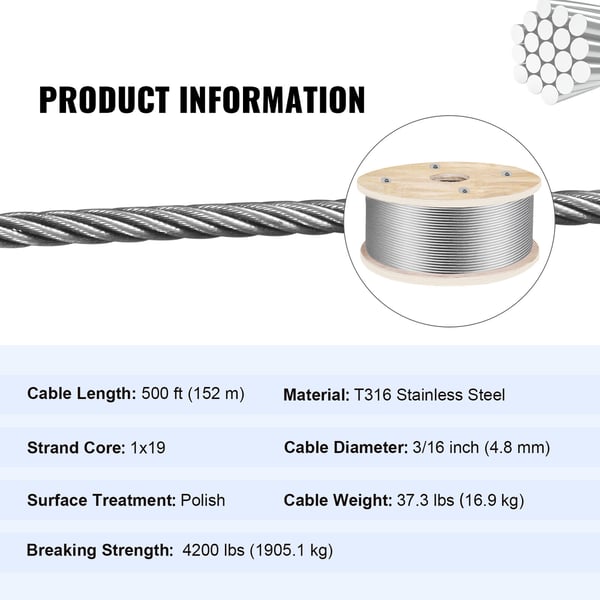 Rustfrit stål wire reb, 500 ft, 4,8 mm, sølv, 1x19 tråd konstruktion