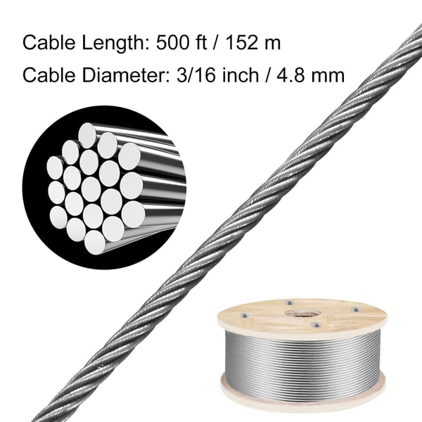Rustfrit stål wire reb, 500 ft, 4,8 mm, sølv, 1x19 tråd konstruktion