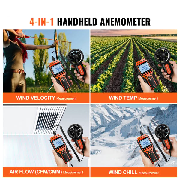 Håndholdt anemometer, digital vindhastigheds- og luftstrømsmåler, 188x92x40 mm, ABS