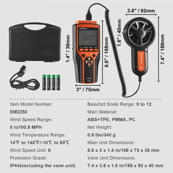 Håndholdt anemometer, digital vindhastigheds- og luftstrømsmåler, 188x92x40 mm, ABS
