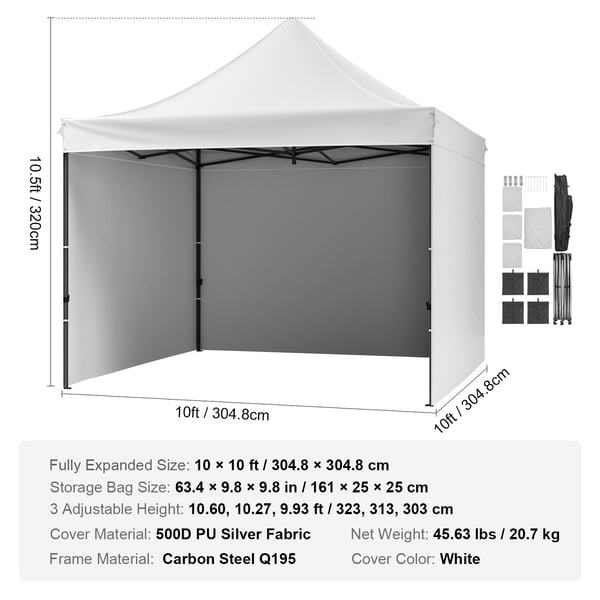 Pavillon, 304,8x304,8 cm, Hvid, med sidevægge og taske