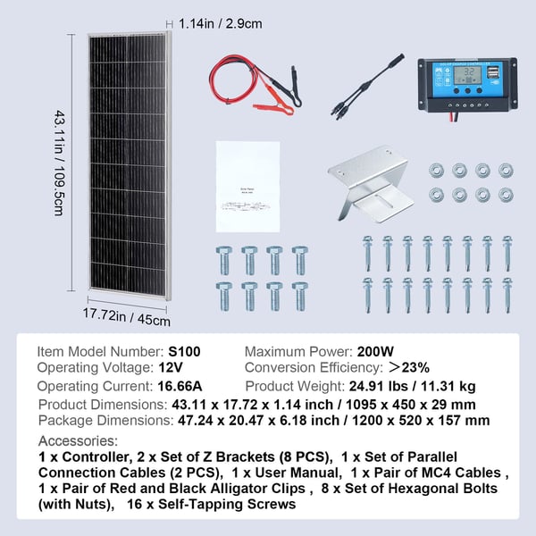 Solpanelpaket, 200W monokristallin, 109,5x45x2,9 cm, vattentät