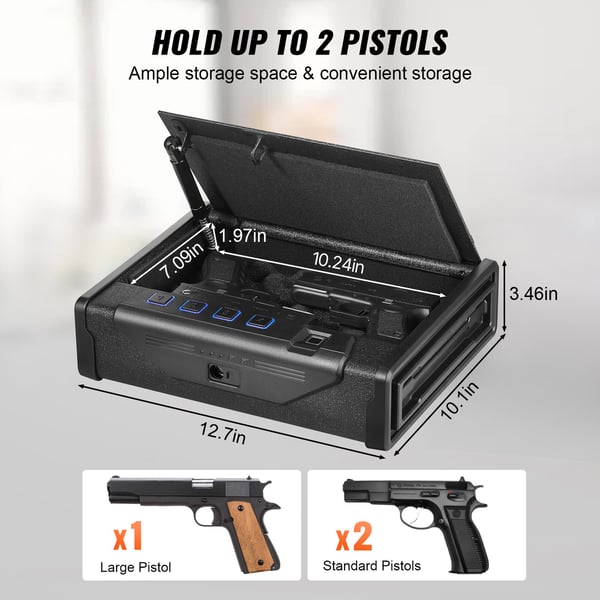 Våbenskab, Biometrisk Pistolsikring, 28.2x18x5 cm, Sort, Stål
