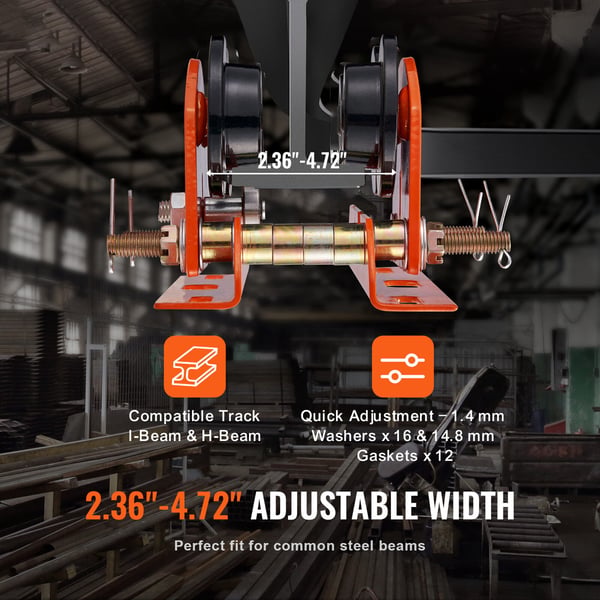 Manuel trolley, elektrisk talje 499 kg kapacitet, 268x227x108 mm, justerbar bredde, legeret stål