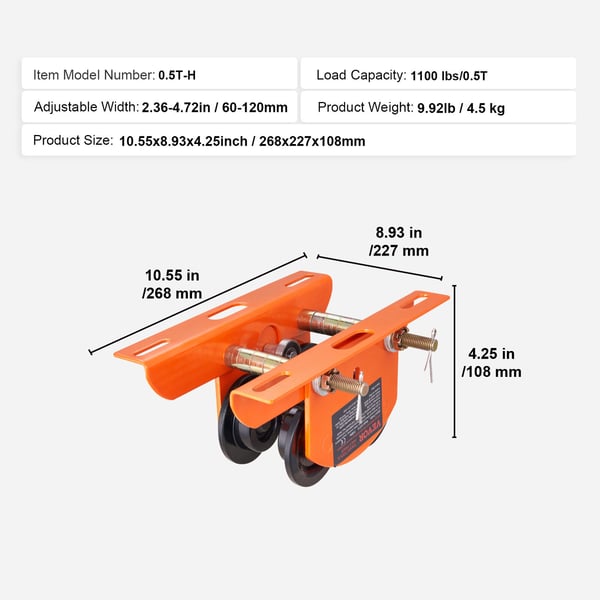 Manuel trolley, elektrisk talje 499 kg kapacitet, 268x227x108 mm, justerbar bredde, legeret stål