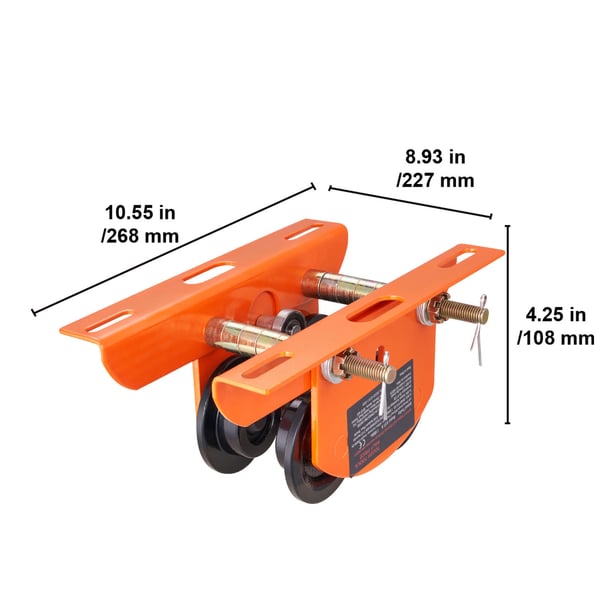 Manuel trolley, elektrisk talje 499 kg kapacitet, 268x227x108 mm, justerbar bredde, legeret stål