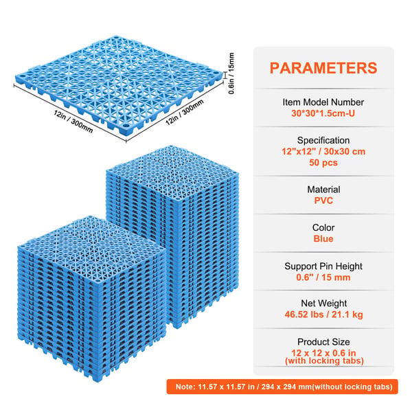 Dräneringsgolvplattor, Modulära sammankopplande kuddar 50-pack, 30x30 cm, Blå, PVC