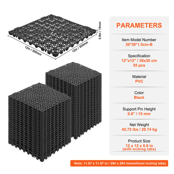 Dräneringsgolvplattor, 55-pack 30x30 cm, Svart, PVC