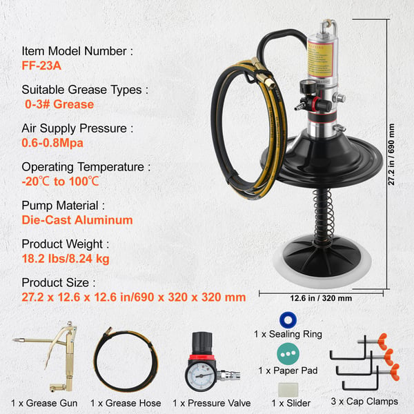 Fettpump, Luftdriven 50:1 med 396 cm slang, 69x32x32 cm, Aluminium