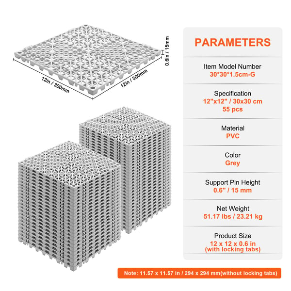 Dräneringsgolvplattor, Modulära sammankopplande kuddar 55-pack, 30x30 cm, Grå, PVC