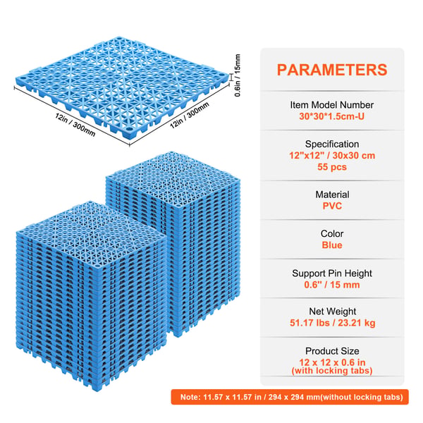 Dräneringsgolvmatta, Modulärt sammankopplingsbart dämpande set 55-pack, 30x30 cm, Blå, PVC