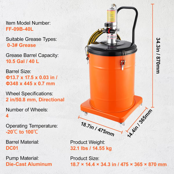 Fettpump, luftdriven 40L, 47.5x36.5x87 cm, portabel stål
