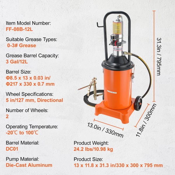Fettpump, 12L luftdriven, 33x30x79.5 cm, stål, portabel smörjning
