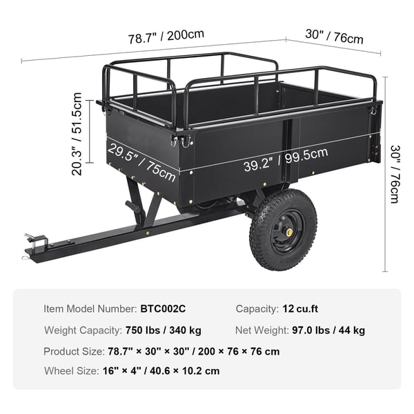 ATV Släpvagn, Stål Tippvagn, 200x66x76 cm, Svart, Trädgårdsredskap