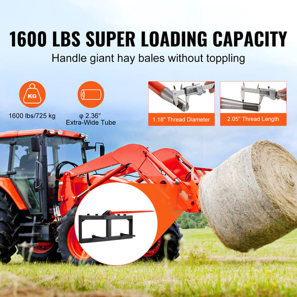 Hay Spjutfäste, 49x2,36 tum, 1600 lbs kapacitet, Skid Steer, Stål