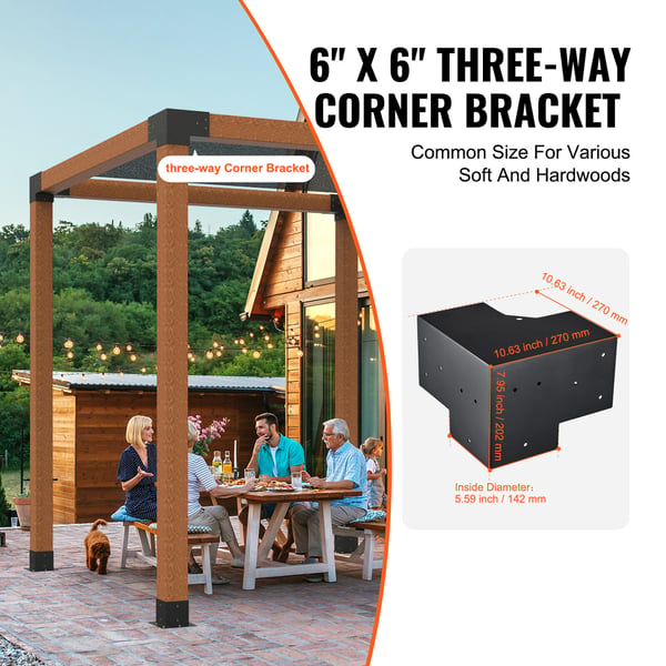 Pergola beslagssæt, 3-vejs hjørnebeslag, 14,2x14,2 cm, sort, stål