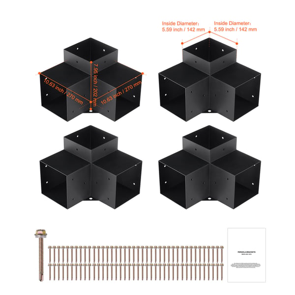 Pergola beslagssæt, 3-vejs hjørnebeslag, 14,2x14,2 cm, sort, stål