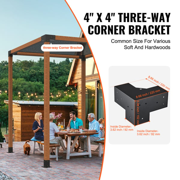 Pergola beslagssæt, 3-vejs kraftigt hjørnebeslag, 10,2x10,2x15,2 cm, sort, stål