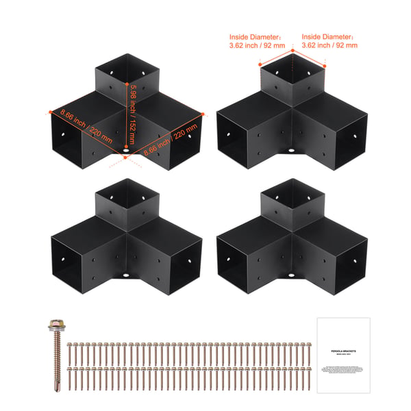 Pergola beslagssæt, 3-vejs kraftigt hjørnebeslag, 10,2x10,2x15,2 cm, sort, stål