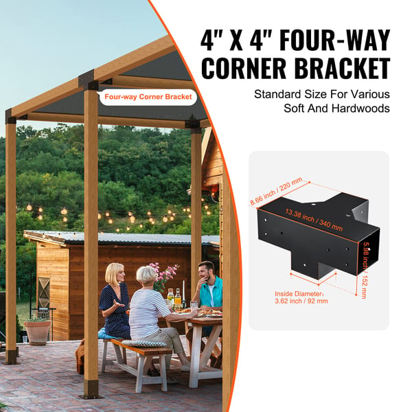 Pergola beslagssæt, 4-vejs kraftigt hjørnebeslag, 10,2x10,2 cm, sort, stål