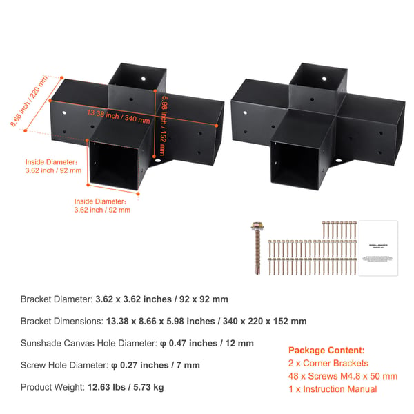 Pergola beslagssæt, 4-vejs kraftigt hjørnebeslag, 10,2x10,2 cm, sort, stål
