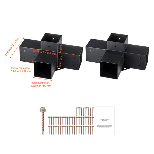 Pergola beslagssæt, 4-vejs kraftigt hjørnebeslag, 10,2x10,2 cm, sort, stål