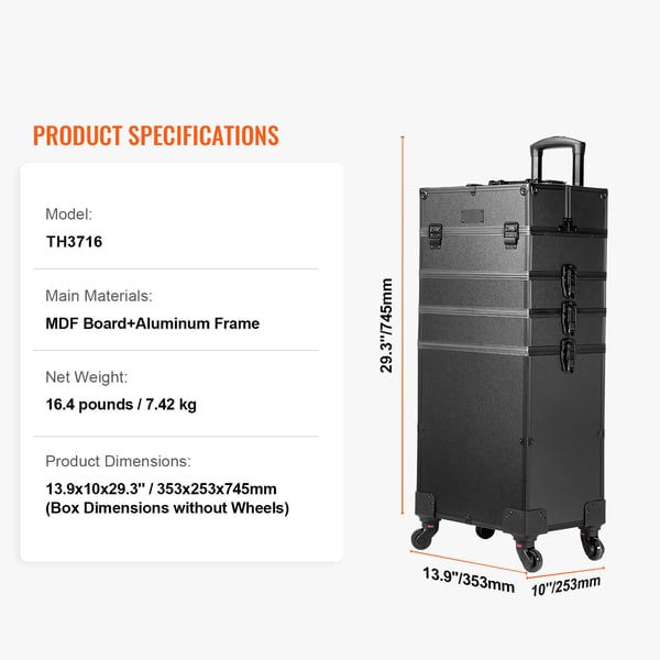 Makeup-togkuffert, 35,3x25,3x74,5 cm, Sort, Aluminium opbevaring