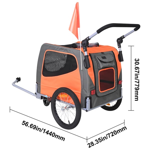 Koiran pyöräkärry, 2-in-1 lemmikkivaunu polkupyörään, 144x72x77,9 cm, oranssi, kokoontaitettava