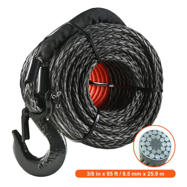 Synteettinen vinssiköysi 9,5 mm x 25,9 m, koukulla ja suojaholkilla