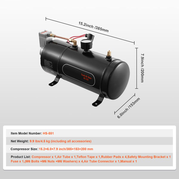 Luftkompressor, 15.2x5.6x7.9 in, 12V, 120 psi, Stål