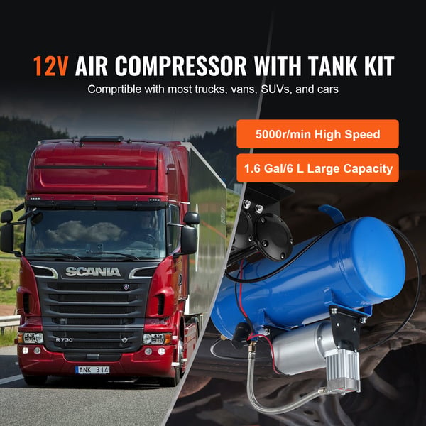 Luftkompressor, 1,6 Gallon/6 L Tank, 41,5x15,3x28,5 cm, 12V, Stål