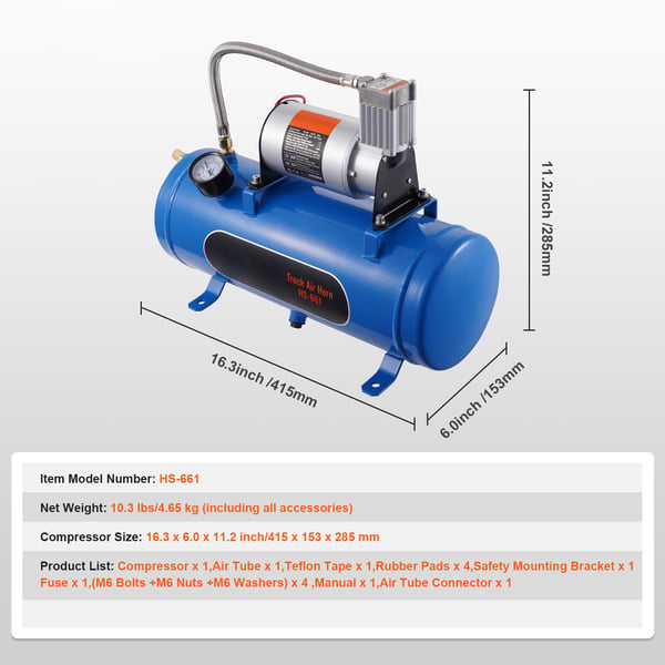 Luftkompressor, 1,6 Gallon/6 L Tank, 41,5x15,3x28,5 cm, 12V, Stål