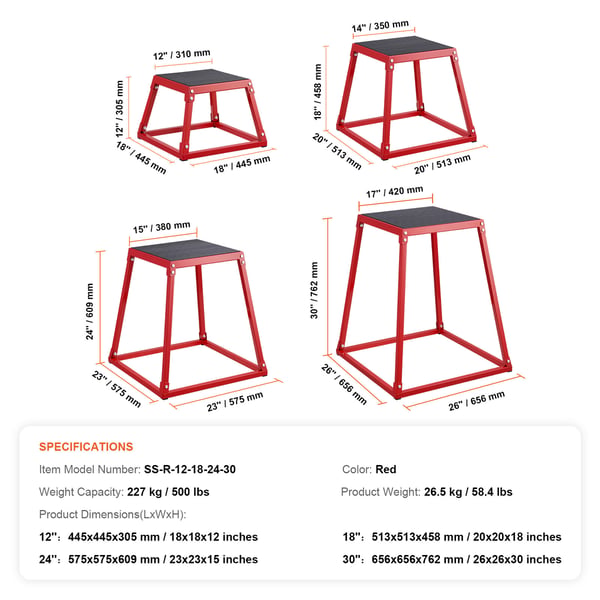 Plyometrisk hoppbox set 44,5x44,5x30,5 cm röd, fitness träning