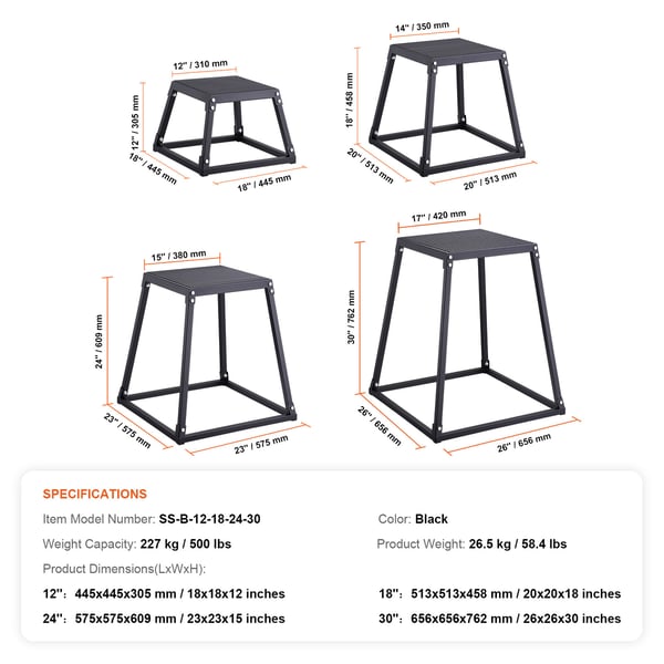 Plyometrisk hoppbox-set, 44.5x44.5x30.5 cm, svart, fitnessträning