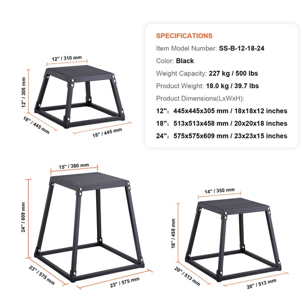 Plyometrisk hoppbox-set, 44.5x44.5x30.5 cm, svart, stål