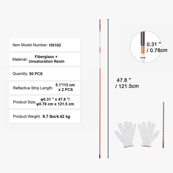 Indkørselsmarkører, 50 stk., 121,5x0,79 cm, orange, glasfiber, reflekterende tape